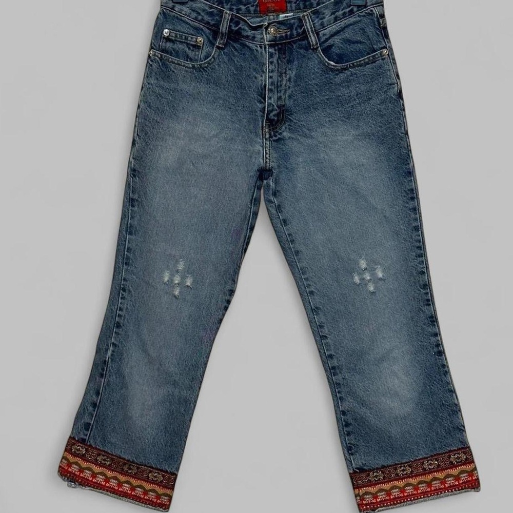 Embroidered Capri Cropped Blue Jeans Y2K Boho Sz 28